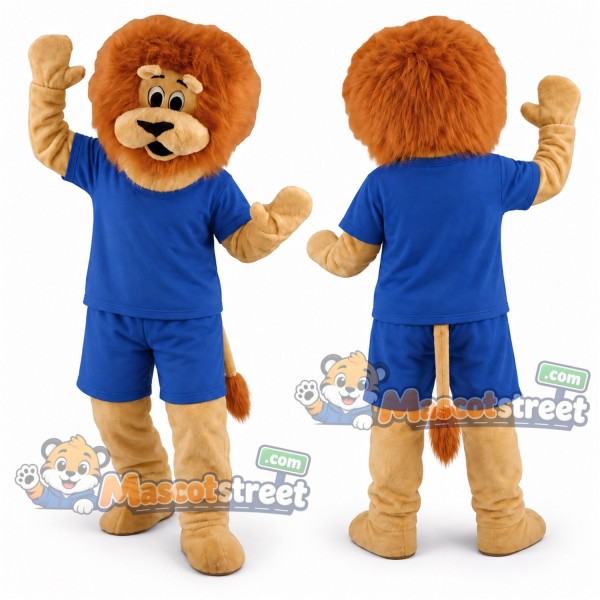 Tan Lion Mascot Costume with Blue Shirt and Shorts