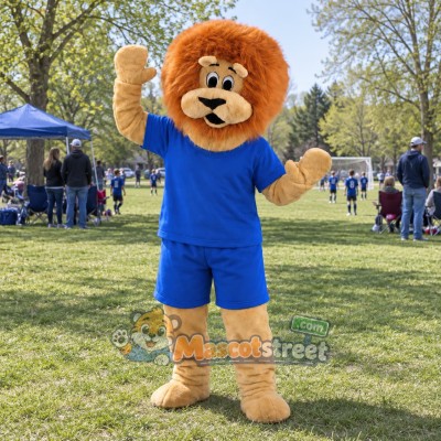 Tan Lion Mascot Costume with Blue Shirt and Shorts