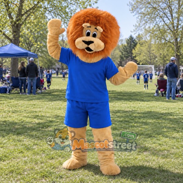 Tan Lion Mascot Costume with Blue Shirt and Shorts