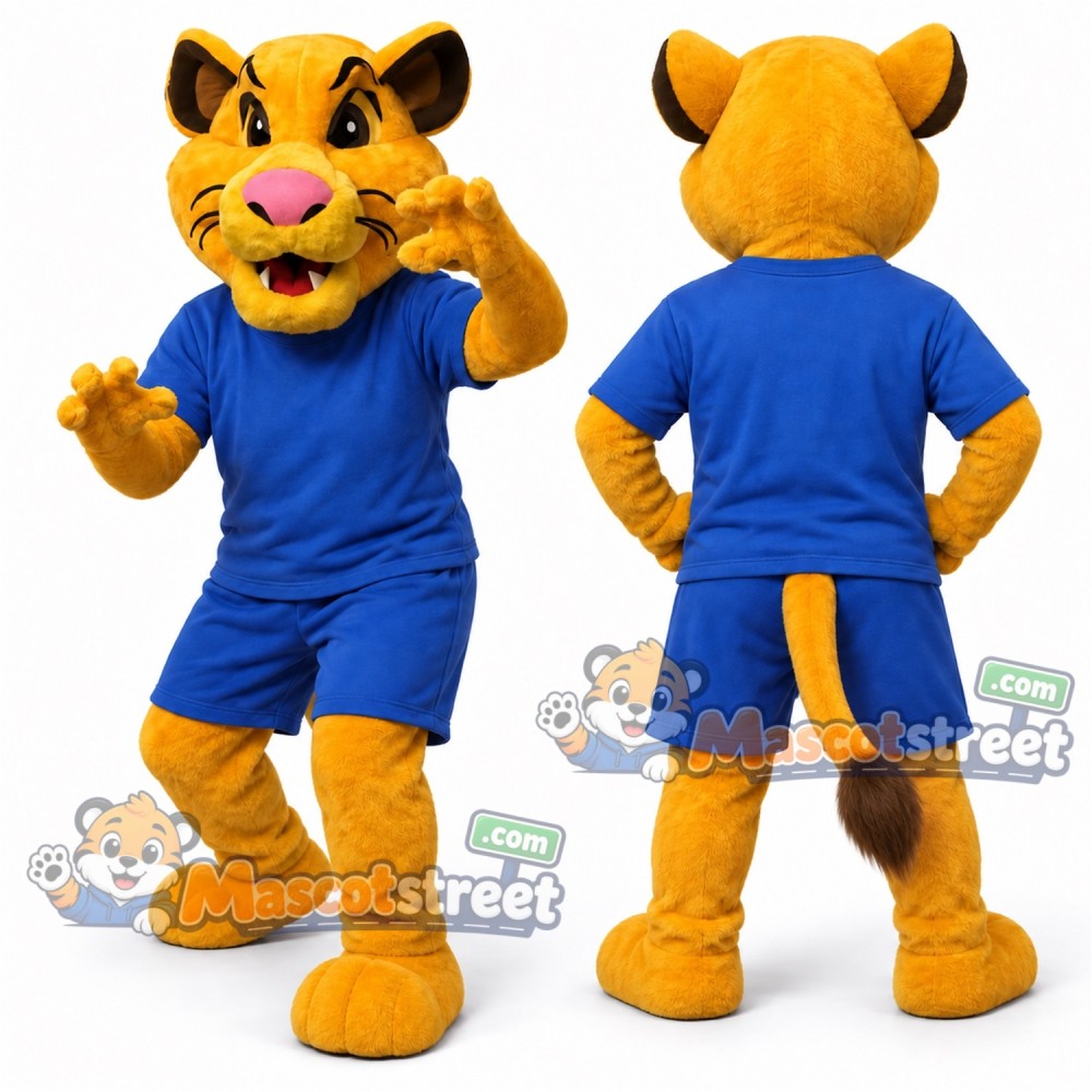 Yellow Cat Mascot Costume with Blue Shirt and Shorts Yellow Cat Mascot Costume with Blue Shirt and Shorts