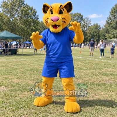 Yellow Cat Mascot Costume with Blue Shirt and Shorts Yellow Cat Mascot Costume with Blue Shirt and Shorts