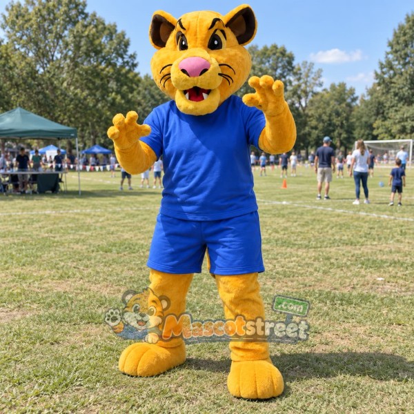 Yellow Cat Mascot Costume with Blue Shirt and Shorts