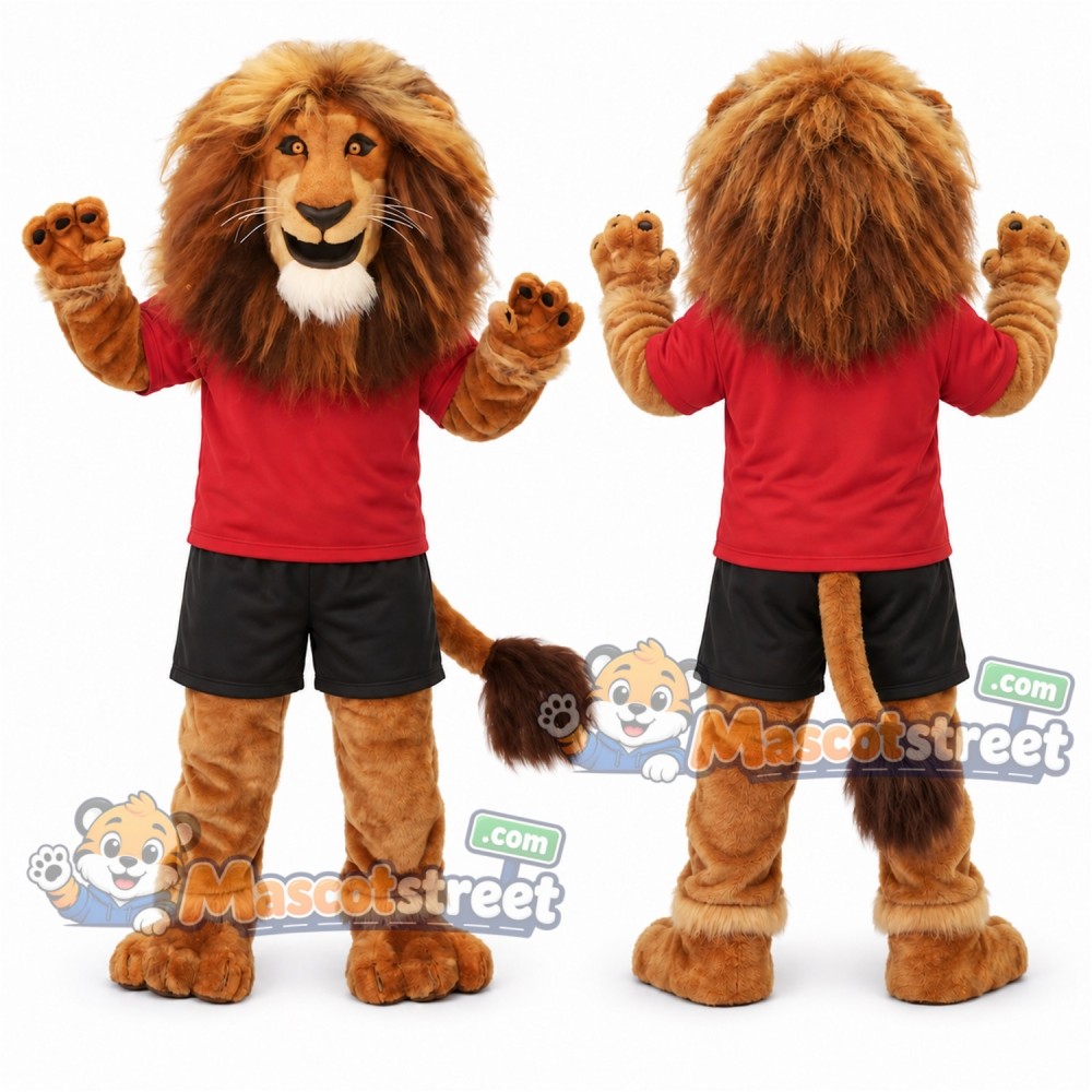 Brown Lion Mascot Costume with Red Shirt and Black Shorts