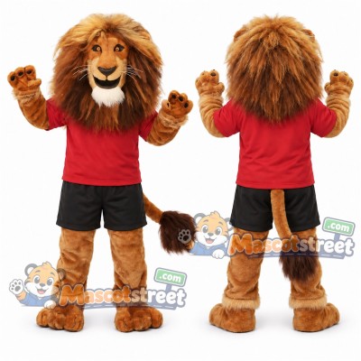 Brown Lion Mascot Costume with Red Shirt and Black Shorts