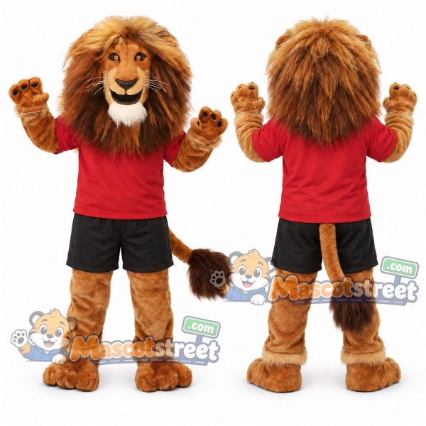 Brown Lion Mascot Costume with Red Shirt and Black Shorts