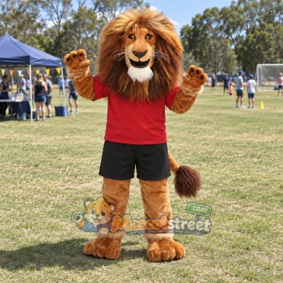 Brown Lion Mascot Costume with Red Shirt and Black Shorts
