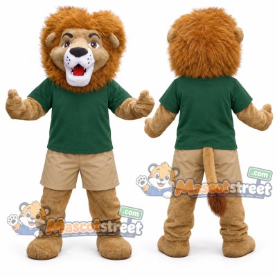 Brown Lion Mascot Costume with Green Shirt and Beige Shorts