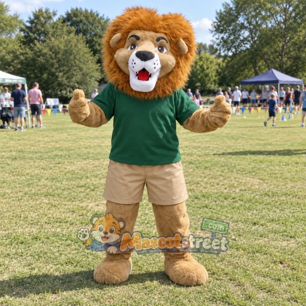 Brown Lion Mascot Costume with Green Shirt and Beige Shorts