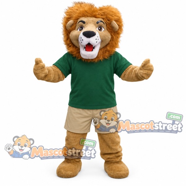 Brown Lion Mascot Costume with Green Shirt and Beige Shorts