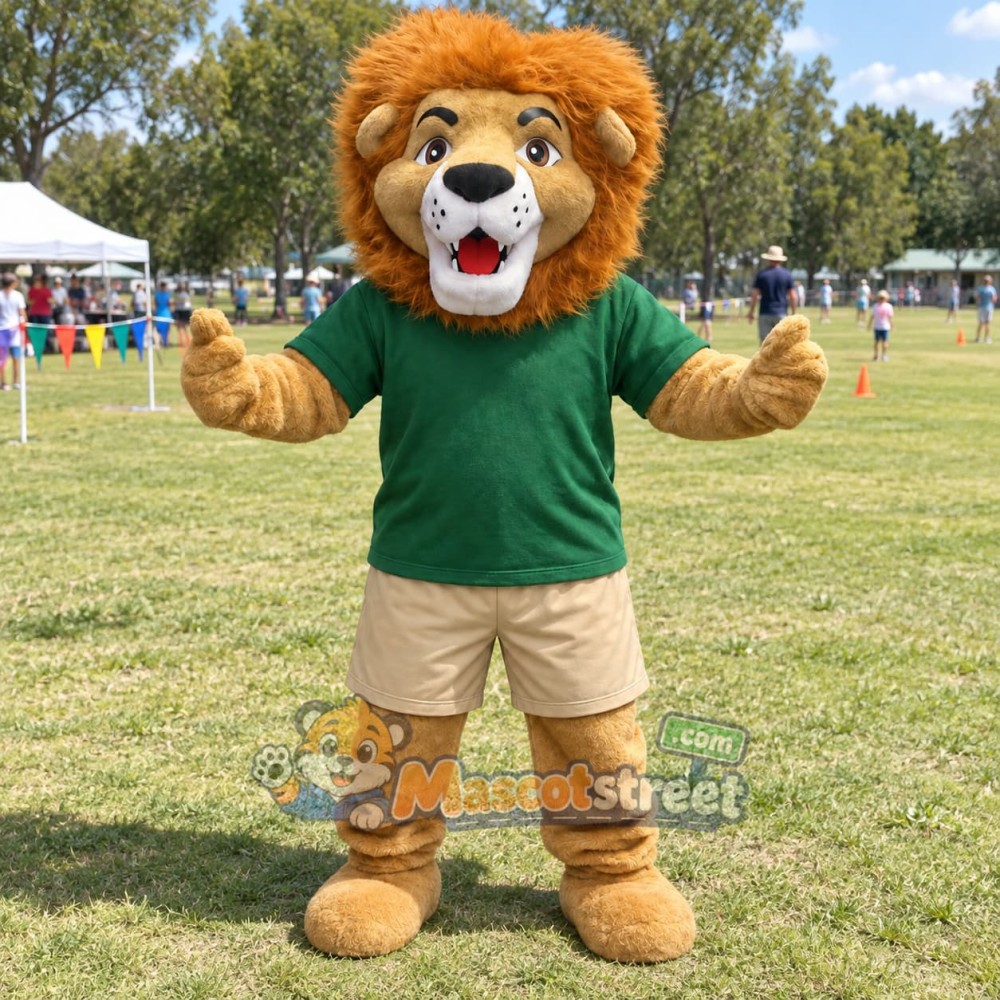 Brown Lion Mascot Costume with Green Shirt and Beige Shorts
