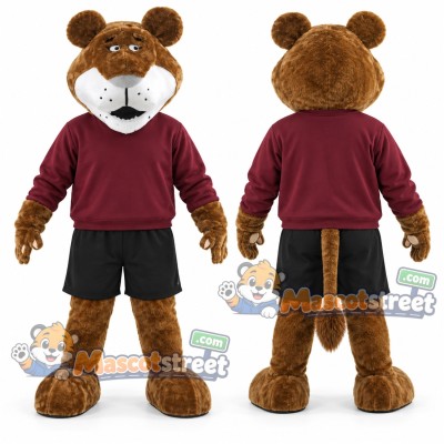 Brown Lion Mascot Costume with Burgundy Sweatshirt and Black Shorts