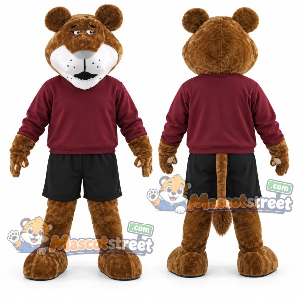 Brown Lion Mascot Costume with Burgundy Sweatshirt and Black Shorts