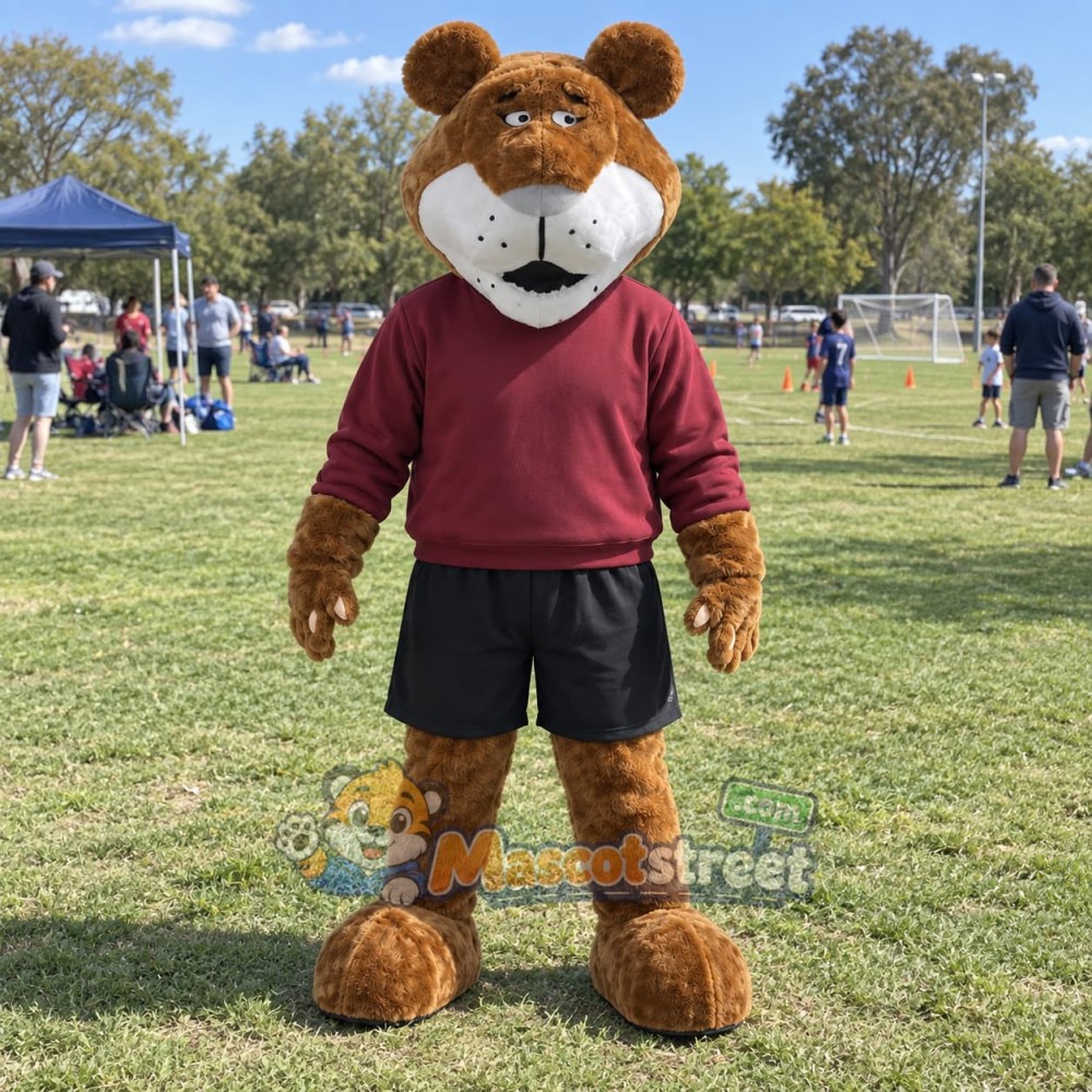 Brown Lion Mascot Costume with Burgundy Sweatshirt and Black Shorts