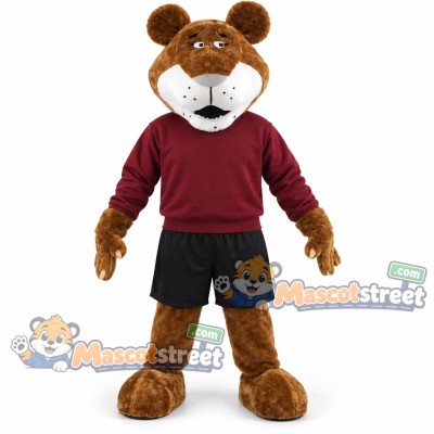 Brown Lion Mascot Costume with Burgundy Sweatshirt and Black Shorts