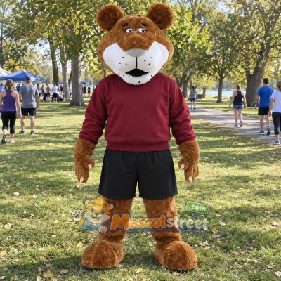 Brown Lion Mascot Costume with Burgundy Sweatshirt and Black Shorts
