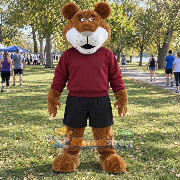 Brown Lion Mascot Costume with Burgundy Sweatshirt and Black Shorts
