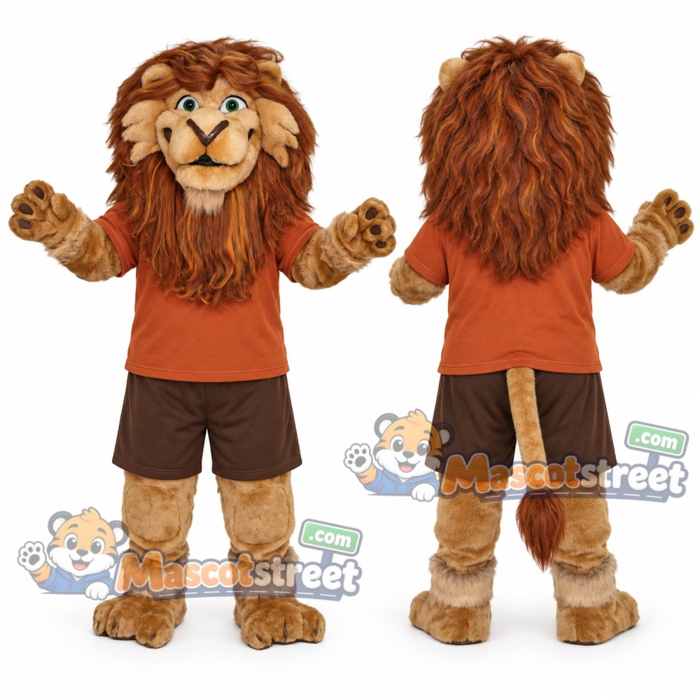 Brown Lion Mascot Costume with Orange Shirt and Brown Shorts
