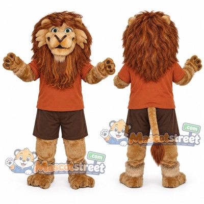 Brown Lion Mascot Costume with Orange Shirt and Brown Shorts