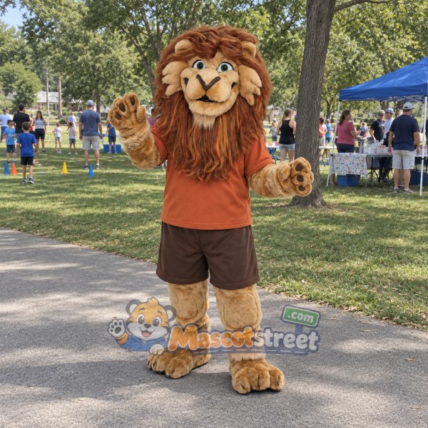 Brown Lion Mascot Costume with Orange Shirt and Brown Shorts