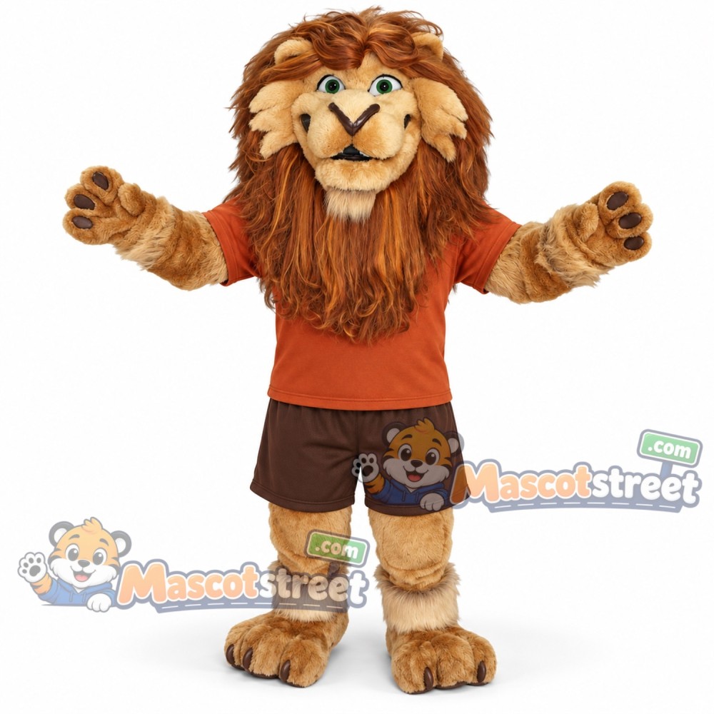 Brown Lion Mascot Costume with Orange Shirt and Brown Shorts