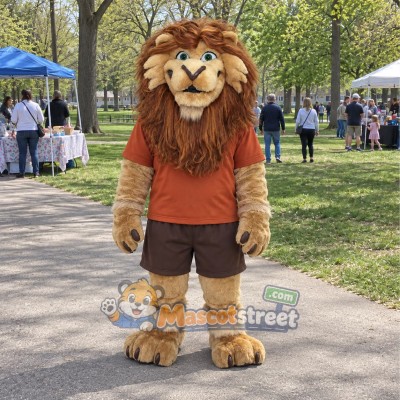 Brown Lion Mascot Costume with Orange Shirt and Brown Shorts