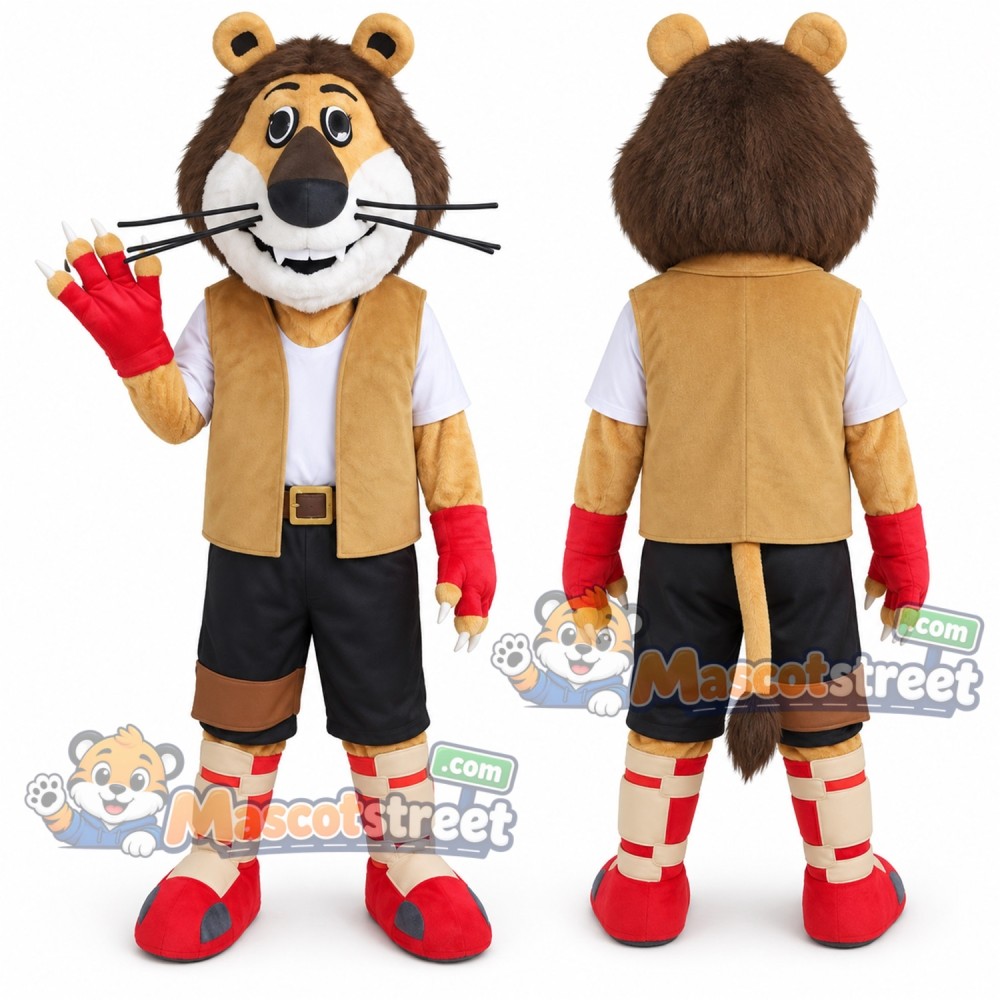 Orange Tiger Mascot Costume with Tan Vest and Black Shorts