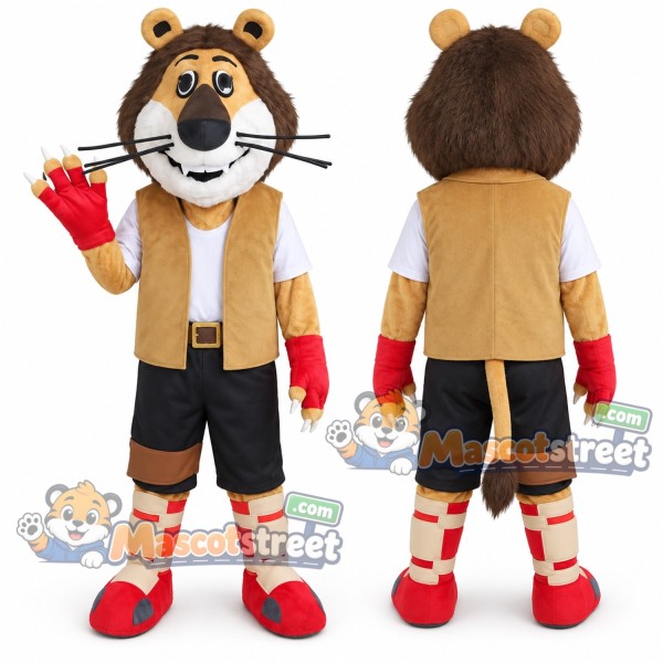 Orange Tiger Mascot Costume with Tan Vest and Black Shorts