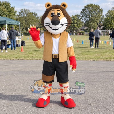 Orange Tiger Mascot Costume with Tan Vest and Black Shorts