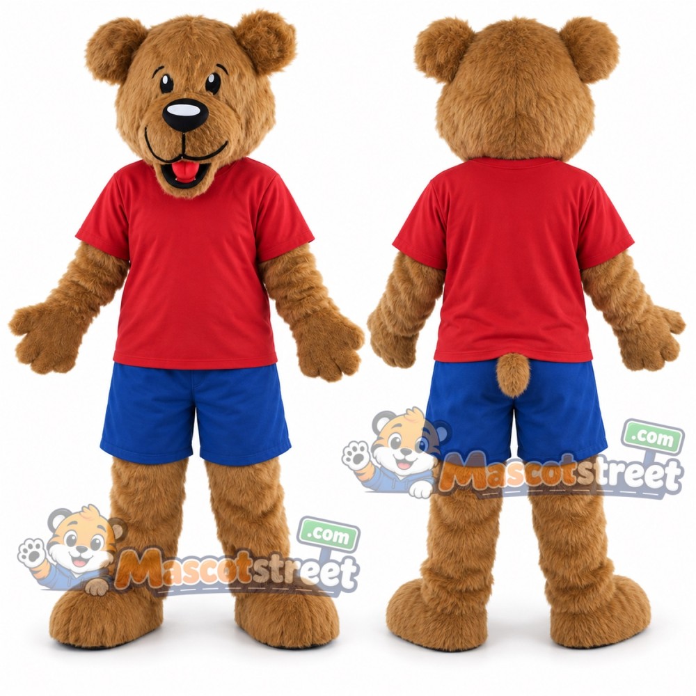 Brown Bear Mascot Costume with Red Shirt and Blue Shorts Brown Bear Mascot Costume with Red Shirt and Blue Shorts