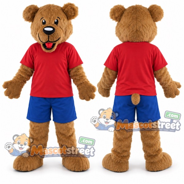 Brown Bear Mascot Costume with Red Shirt and Blue Shorts