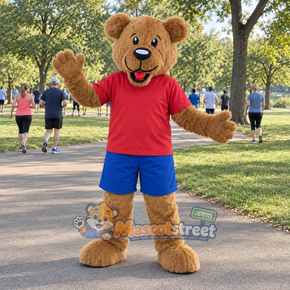 Brown Bear Mascot Costume with Red Shirt and Blue Shorts Brown Bear Mascot Costume with Red Shirt and Blue Shorts