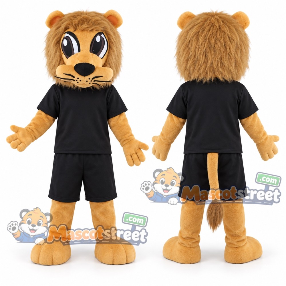 Tan Lion Mascot Costume with Black Shirt and Shorts Tan Lion Mascot Costume with Black Shirt and Shorts