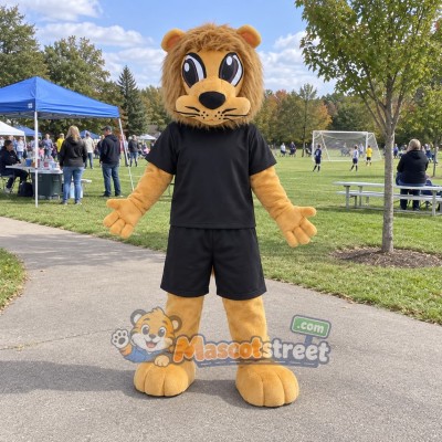 Tan Lion Mascot Costume with Black Shirt and Shorts Tan Lion Mascot Costume with Black Shirt and Shorts