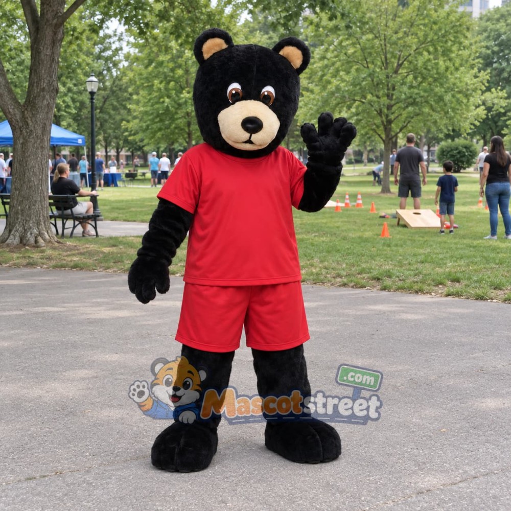 Black Bear Mascot Costume with Red Shirt and Shorts Black Bear Mascot Costume with Red Shirt and Shorts