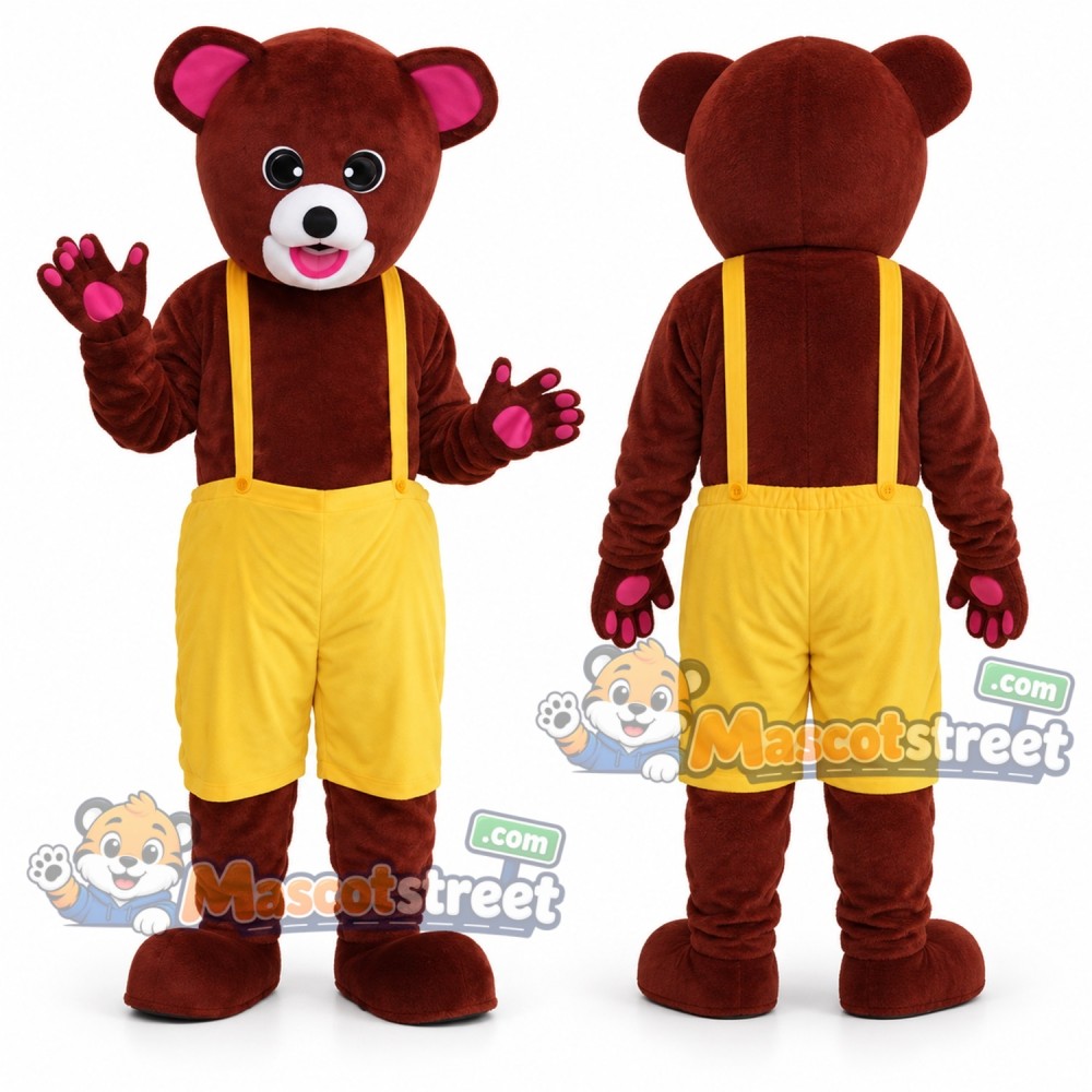 Burgundy Bear Mascot Costume with Yellow Suspender Pants and Red Cap
