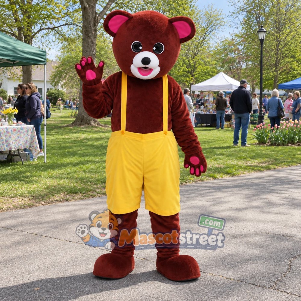 Burgundy Bear Mascot Costume with Yellow Suspender Pants and Red Cap