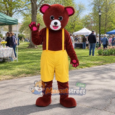 Burgundy Bear Mascot Costume with Yellow Suspender Pants and Red Cap