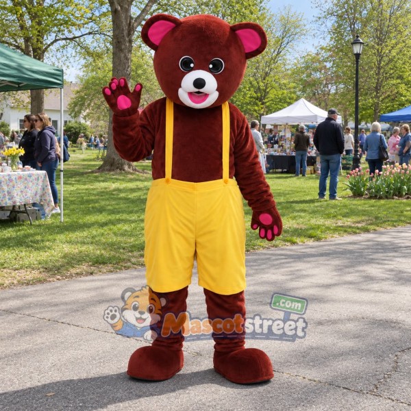 Burgundy Bear Mascot Costume with Yellow Suspender Pants and Red Cap