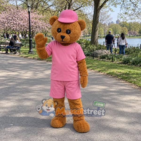 Brown Bear Mascot Costume with Pink Shirt, Pink Shorts and Pink Hat