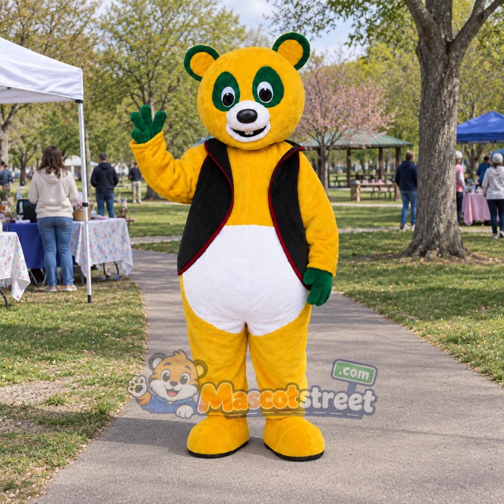 Yellow Bear Mascot Costume with Black Vest