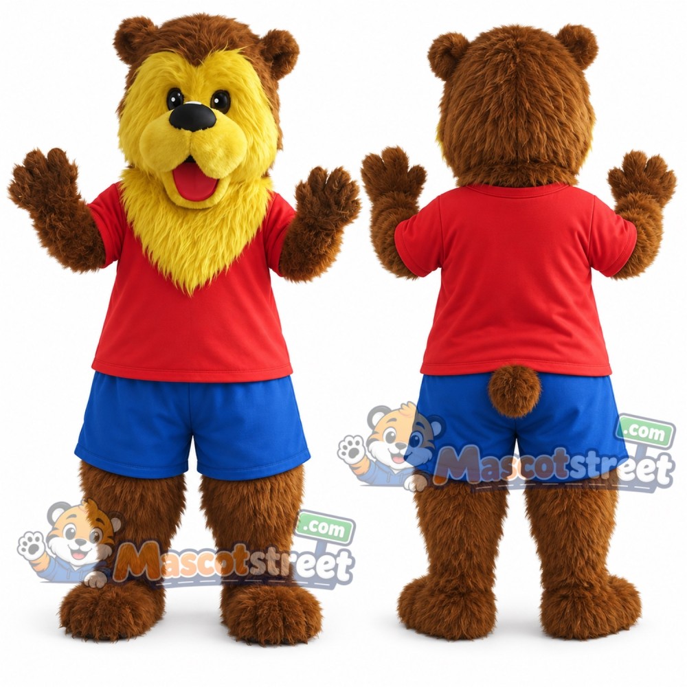 Brown Bear with Yellow Face Mascot Costume with Red Shirt and Blue Shorts Brown Bear with Yellow Face Mascot Costume with Red Shirt and Blue Shorts