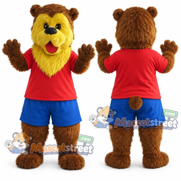 Brown Bear with Yellow Face Mascot Costume with Red Shirt and Blue Shorts