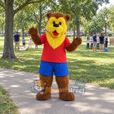 Brown Bear with Yellow Face Mascot Costume with Red Shirt and Blue Shorts Brown Bear with Yellow Face Mascot Costume with Red Shirt and Blue Shorts