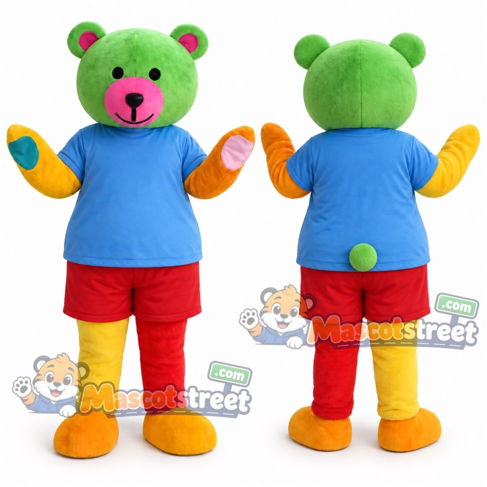 Green Bear Mascot Costume with Blue Shirt and Red Shorts