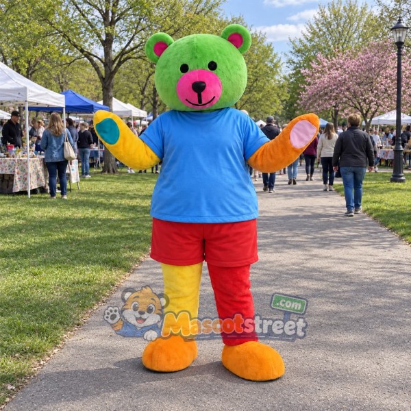 Green Bear Mascot Costume with Blue Shirt and Red Shorts