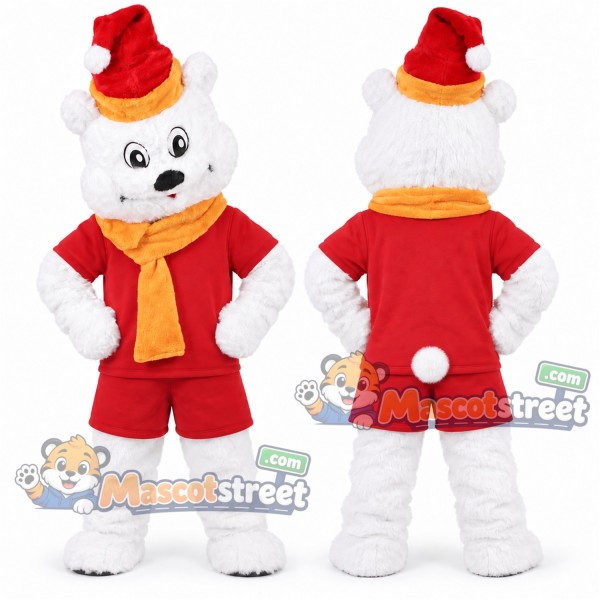 White Polar Bear Mascot Costume with Red Shirt, Red Shorts, Orange Scarf and Santa Hat