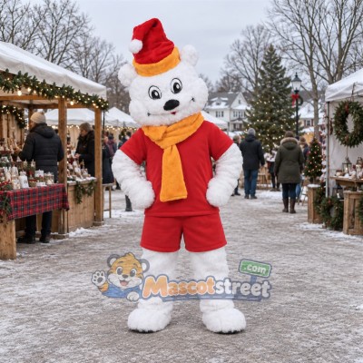 White Polar Bear Mascot Costume with Red Shirt, Red Shorts, Orange Scarf and Santa Hat