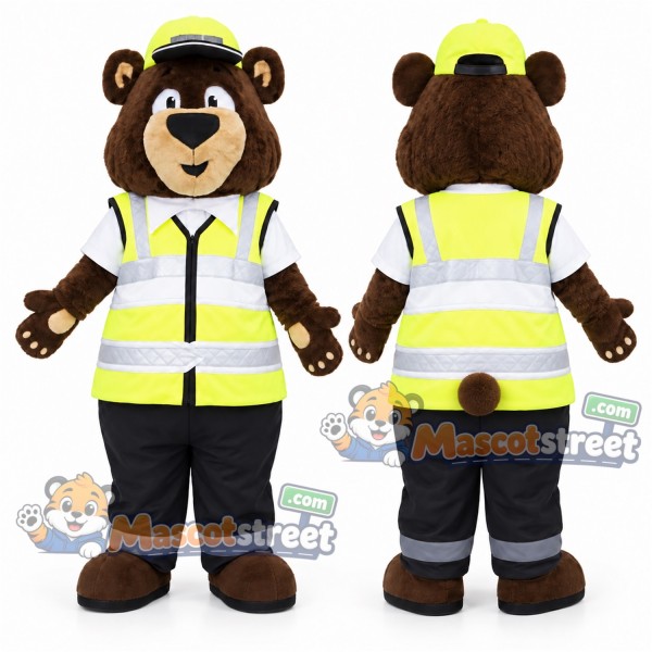 Brown Bear Traffic Officer Mascot Costume with Reflective Vest, Black Pants and Yellow Cap