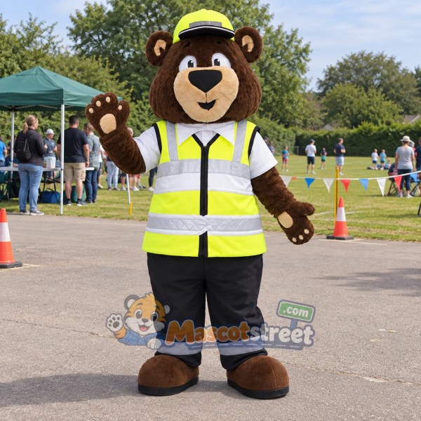 Brown Bear Traffic Officer Mascot Costume with Reflective Vest, Black Pants and Yellow Cap