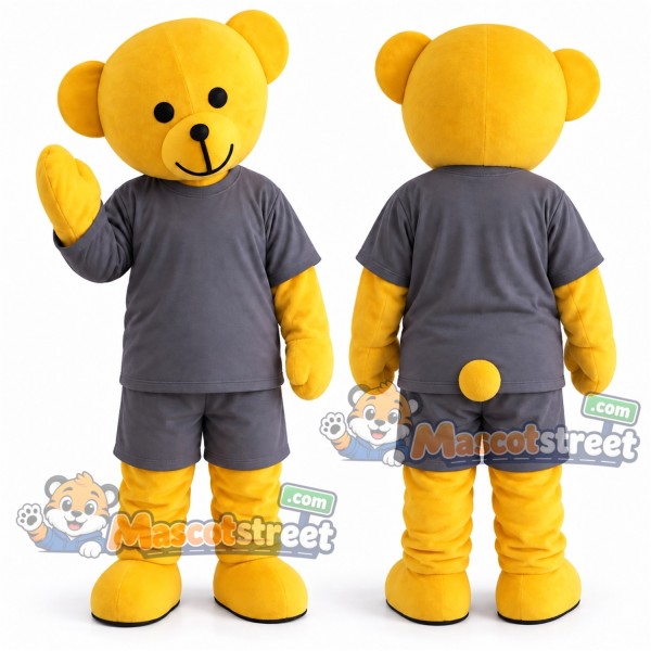 Yellow Bear Mascot Costume with Gray Shirt and Shorts